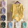 Women's Fashion Round Neck Short Sleeve T-shirt Casual Cotton Linen Graphic Shirt Leisure Loose Flowers Prined Summer Blouse Tops