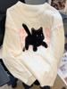 Осенние довольно теплые свободные топы для женщин, шикарный дизайн, лоскутное шитье с вышивкой в виде кота, женский японский модный вязаный свитер, новинка 2024 года