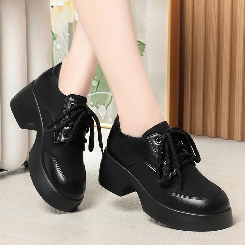 5cm Vintage Comfortable Soft Leather Loafers Women Platform Shoes 2025 Fall Med Square Heels Shoes Thick Bottom for Office Mom