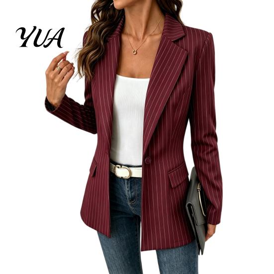 Women Casual Outerwear Striped Blazer with One Button, Breathable Business Work Jacket Jacket, Long Sleeves Notch Lapel Collar Coat for Fall Slim Fit