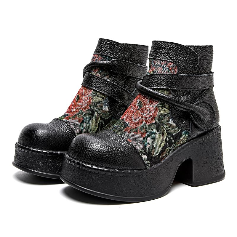 GKTINOO Женские мотоботы из натуральной кожи 2025 Новые на молнии с круглым носком Женская обувь Цветы Ручная работа Ретро Ботильоны на платформе