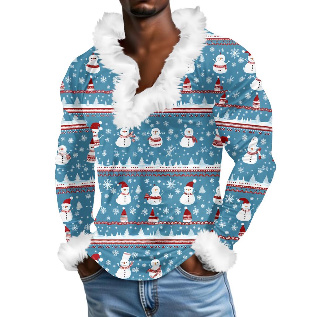 Мужской повседневный рождественский плюшевый свитшот с V-образным вырезом и длинными рукавами из флиса