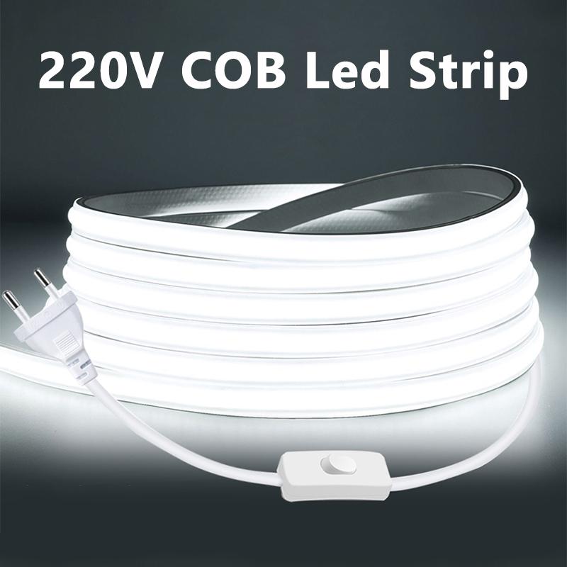 Вилка европейского стандарта, 220 В, COB, светодиодная лента, высокая яркость, уличный сад, FOB, светодиодные ленты для двора, спальни, кухни, настенное освещение