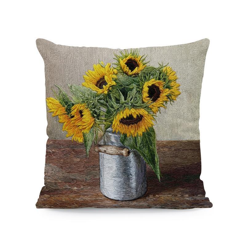 Faux Embroidery Floral Cushion Cover 2D Flat Print Sunflower Daisy Pillowcase For Sofa Living Room Spring Home Decor 45X45