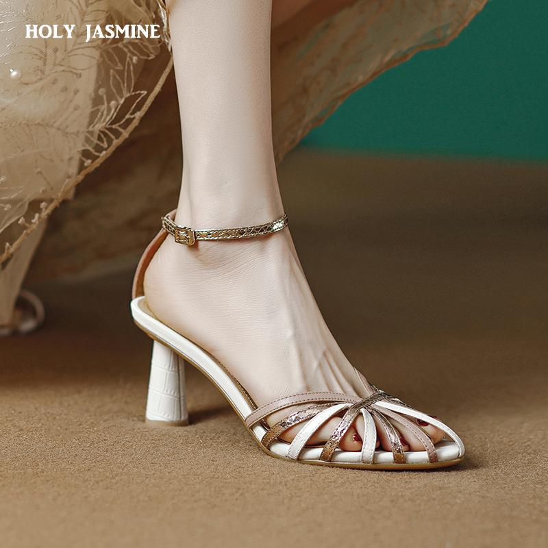 2024 New Women Sandals Ankle Strap Pumps Concise Fashion Genuine Leather Thin High Heels Summer Office Wedding Party Shoes Woman