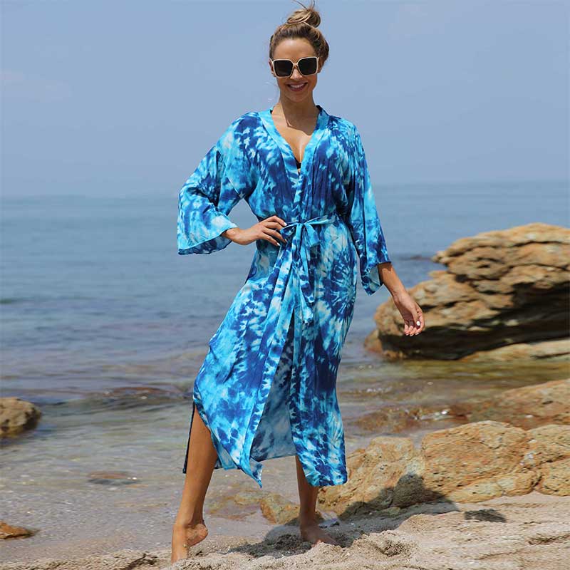 2024 Bohemian Women Summer Beach Dress Swim Wear Cover Up Cotton Tunic Sexy Open Front Beach Cover Up Q1169