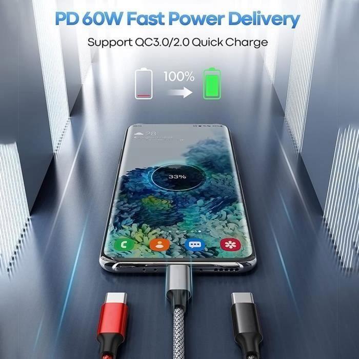Câble USB-C vers USB-C Rapide 3A pour Google Pixel 9 - 9 Pro - 8 - 8a - 8 Pro - 7 - 7a - 7 Pro - 6 - 6 Pro - 6a - Nylon Noir 1M