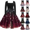 Women's Christmas Printed Square Collar Large Hem Dress Long Sleeve Dress