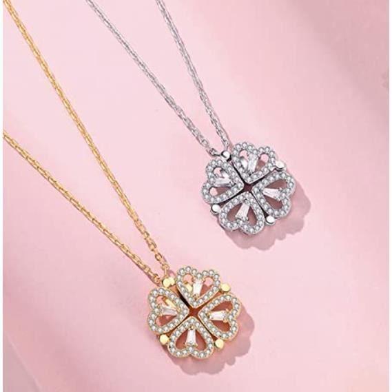 Collier avec pendentif - Joli - 4 feuilles cœur creux - 2 en 1 - 46 cm - Femme