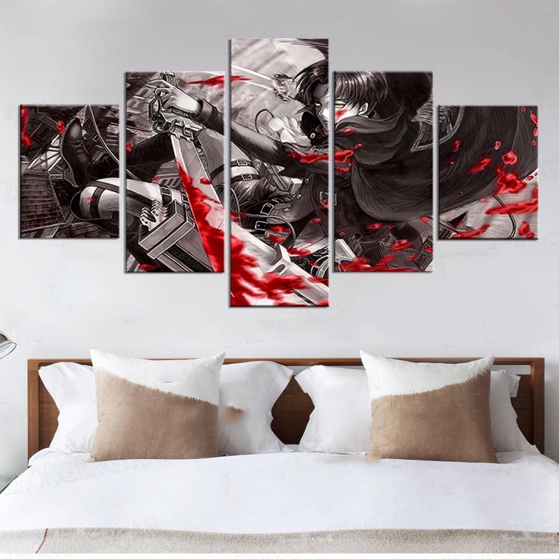 5 Panels Canvas Wall Arts Anime Poster Painting Attack On Titan Levi Ackerman Picture Print Home Decor Living Room Wallpaper