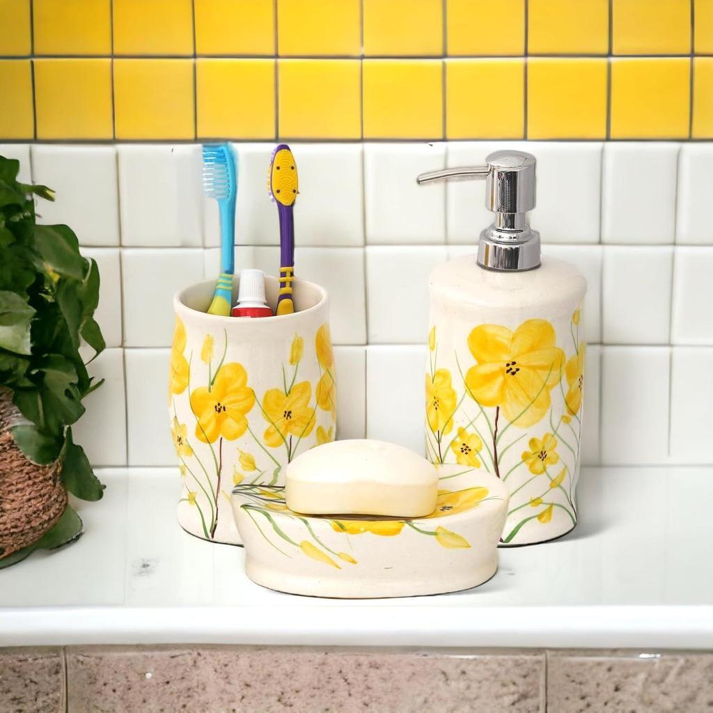 Премиальный керамический набор аксессуаров для ванной из 3 предметов | Современный набор для ванной ручной росписи с дозатором для мыла 300 мл, подставкой для зубных щеток и мыльницей |