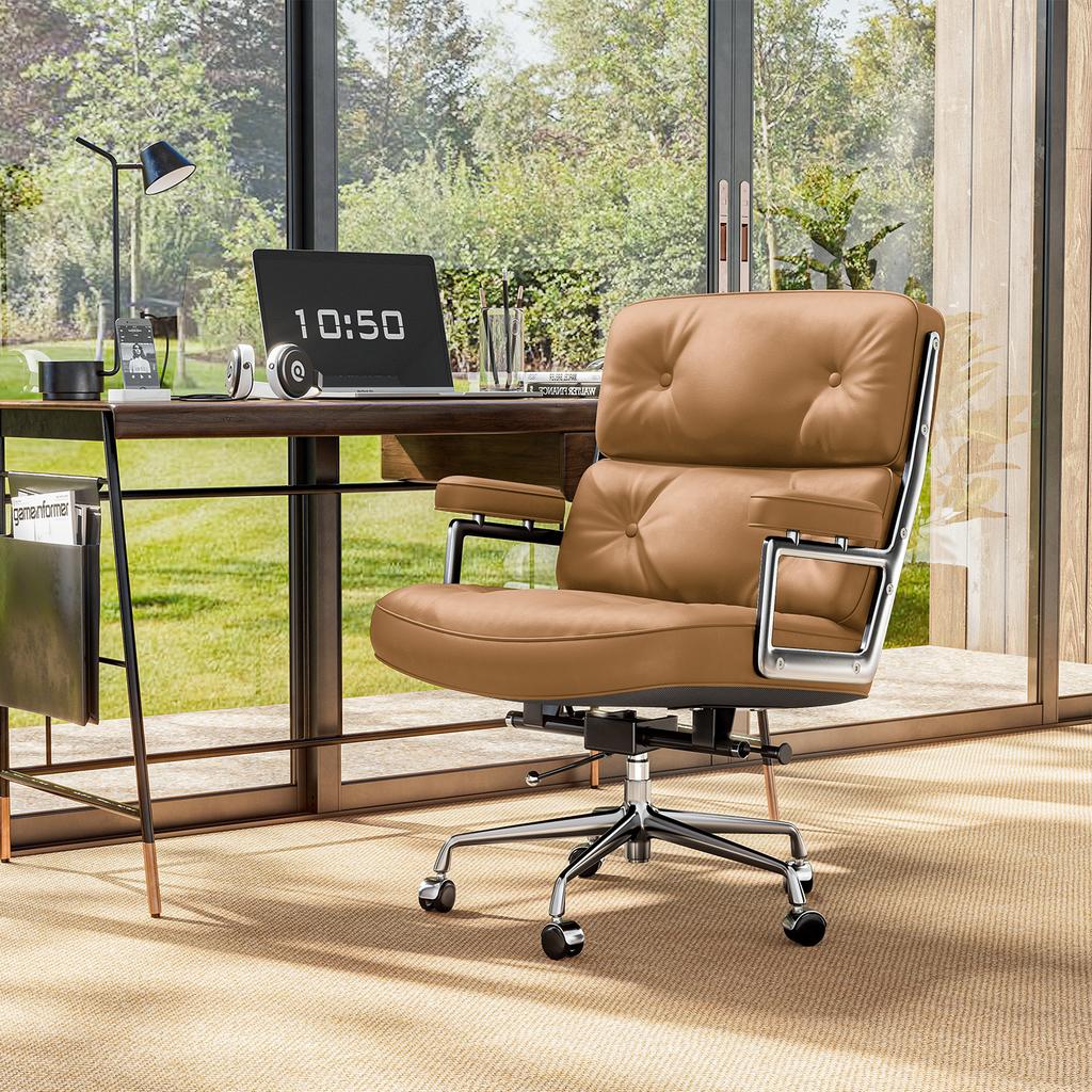 Adjustable Office Chair Genuine Leather Aluminum Alloy Frame Armchair Swivel Chair for Office Study Living Room