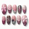 24PCS Y2k Almond False Nails Pink Leopard Print Star French 3D Bowknot Fake Nails for Women with Pearl Sweet Cool Press On Nails