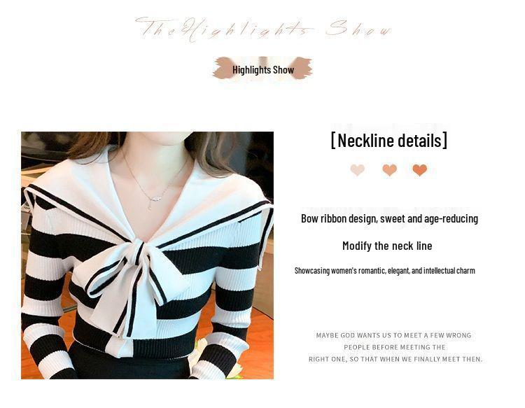Navy Striped Collar Sweater Women’s Autumn/Winter 2025 College Style Slim Fit Knitwear