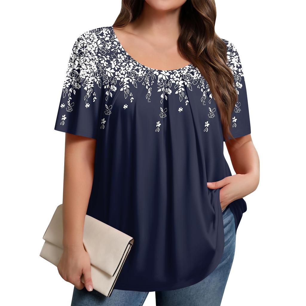 Plus Size Women's Casual Round Neck Pleated Short Sleeve Solid Color Top