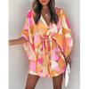 Summer Holiday Printed Beach Dress Lace-up A-line Bohi Short Dress V-neck Women Flying Sleeve Button Loose Casual Clothing 26524
