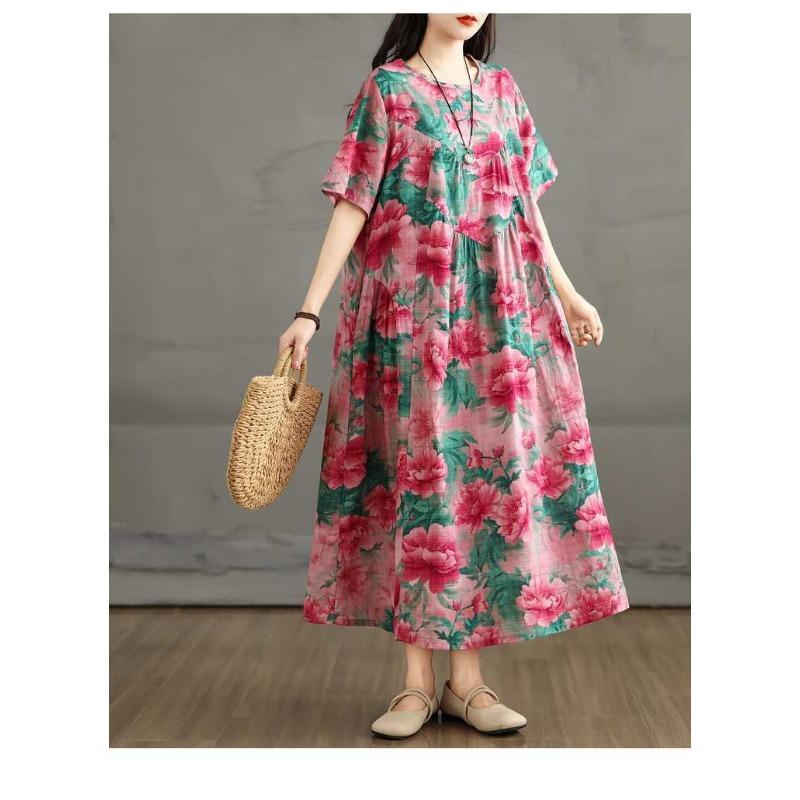 Retro Cotton and Linen Round Neck Short Sleeved Dress, Women's Loose Skirt