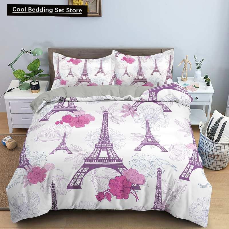 Пододеяльник с изображением парижской башни King Queen Знаменитые здания во Франции Комплект постельного белья для взрослых Розовый Романтический 2/3 шт. Полиэстеровый пододеяльник
