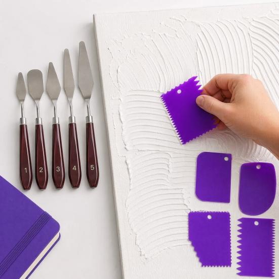 Artistic Texture Creation Tools 5Pcs Palette Knife with 6 Paint Scraper, Stainless Steel Spatula Metal Painting Knives for Artists Knife, Oil