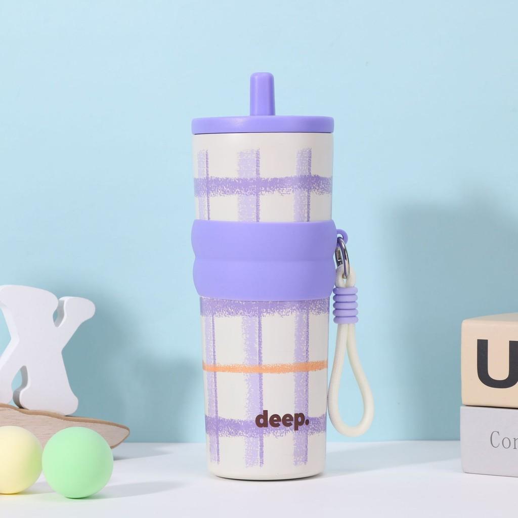 Клетчатая термокружка из нержавеющей стали большой вместимости с принтом букв и соломинкой