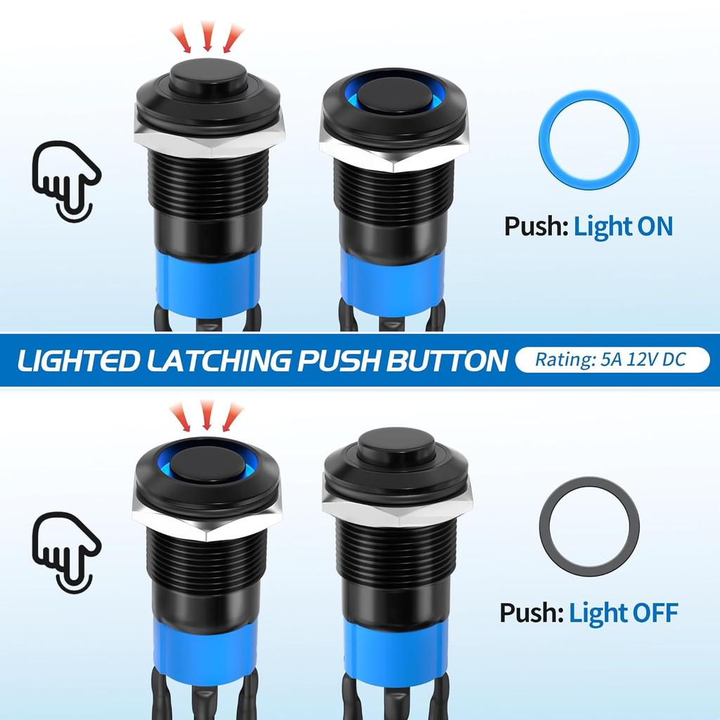 2pcs 12mm Latching Push Button Switch Black Shell with pre-Wiring, IP65 Waterproof Push Button Switch