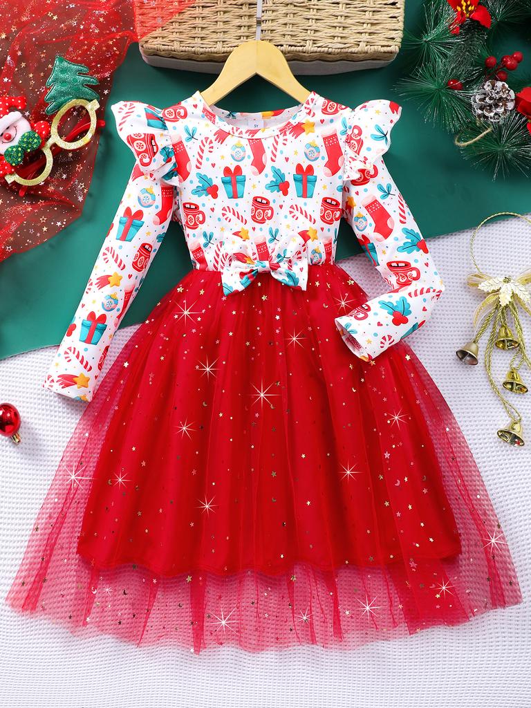 Girls Fashion Long-sleeved Round Neck Fishscale Mesh Dress Spring Summer Casual Dress for Children