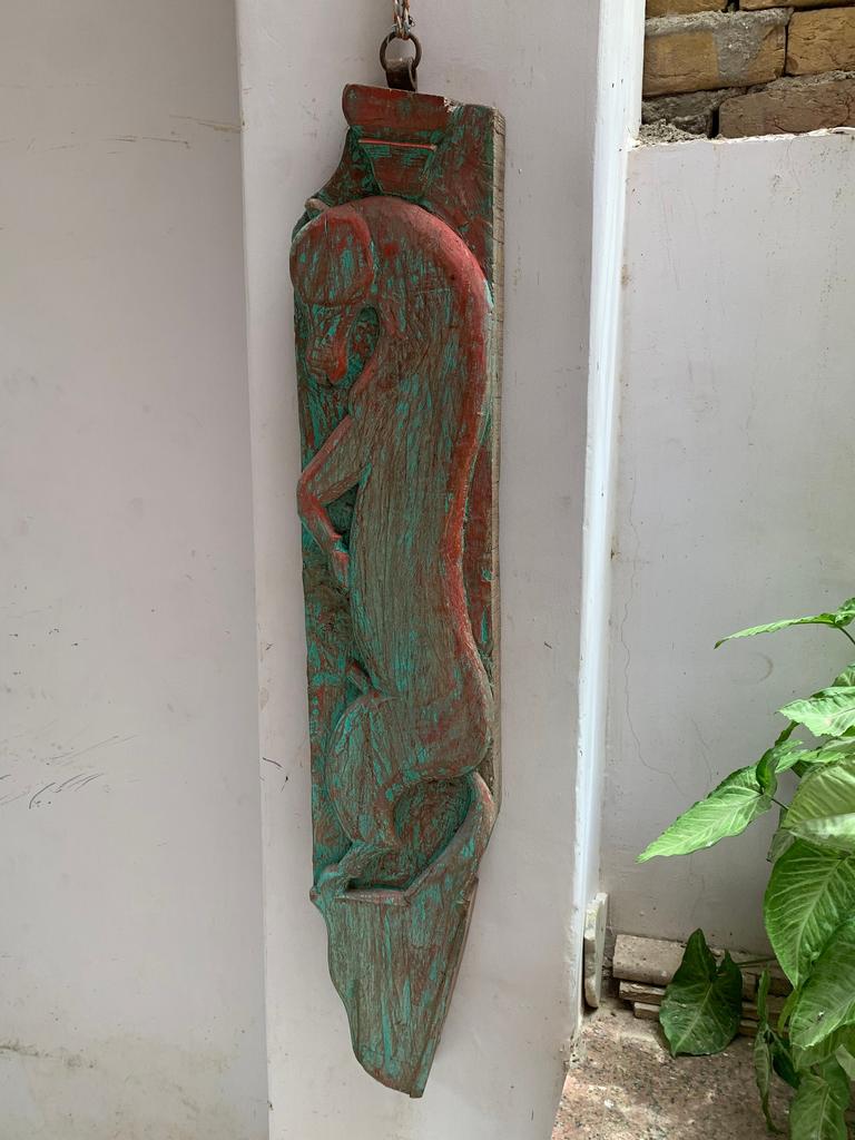 Distressed Antique Carved Wood Wall Panel: Indian Animal Statue Decor