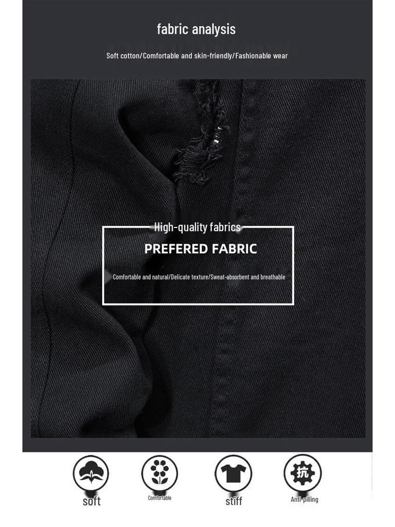 Men's Trendy Black Denim Jacket: Casual, Versatile, Ripped Style for Autumn and Winter