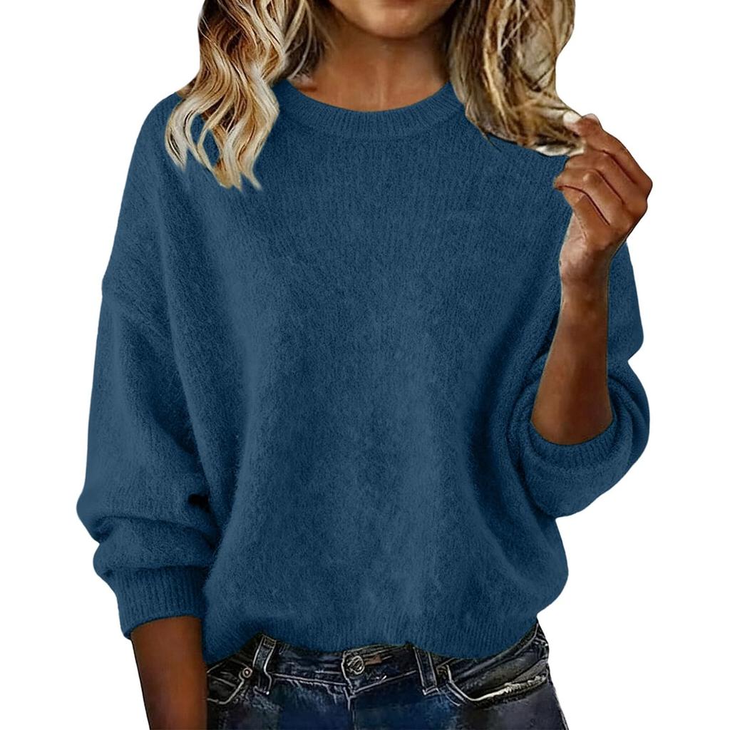 Women's Fashion Casual Loose Pullover Solid Color Round Neck Long Sleeve Knit Sweater