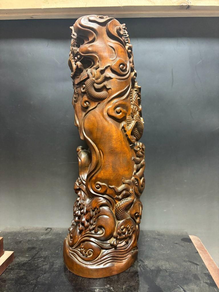 Kwan Yin Dragon Wooden Figurine Carved Home Decor Buddha Guanyin Statue Large