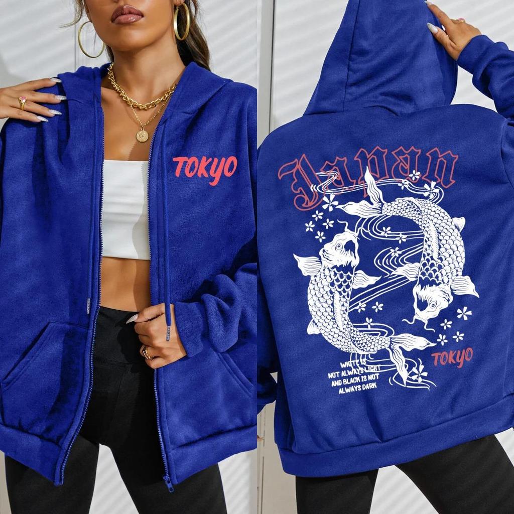 Япония Токио Харадзюку Худи с принтом карпов кои Женские Мягкие Спортивные Костюмы Уличные Толстовки на Молнии Осень Флис Повседневная Спортивная Одежда