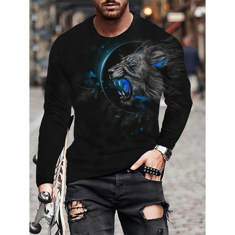 Мужская футболка с длинным рукавом с принтом черного льва, весенне-осенняя, мужской повседневный топ, уличная мода, мужская футболка с длинным рукавом