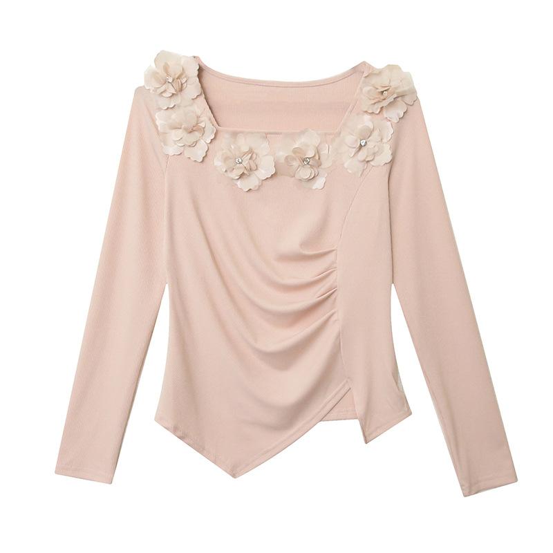 Женский топ с квадратным вырезом в новом зимнем стиле, футболка с длинными рукавами и нерегулярным разрезом, универсальная базовая футболка