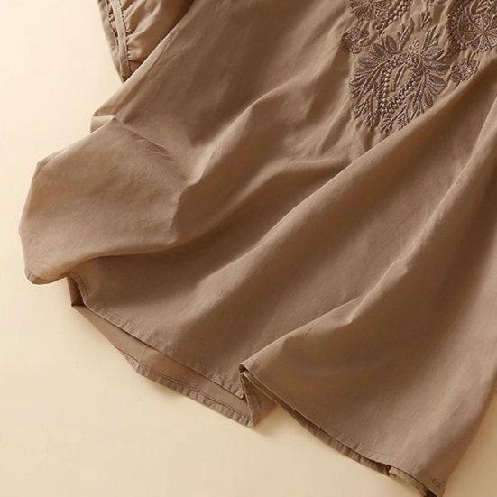 Женский топ с вышивкой и круглым вырезом Элегантный короткий рукав из хлопка и льна с винтажной вышивкой