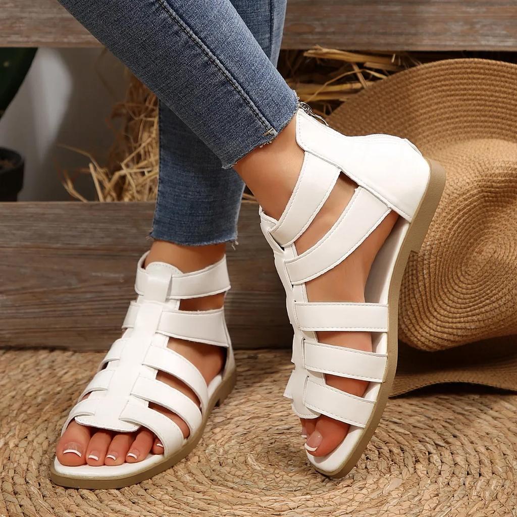 Модная обувь для женщин 2025 Бренд Задняя молния Женские сандалии Модные сандалии с узким ремешком Повседневные сандалии Swomen Новые большие размеры Однотонные сандалии на плоской подошве