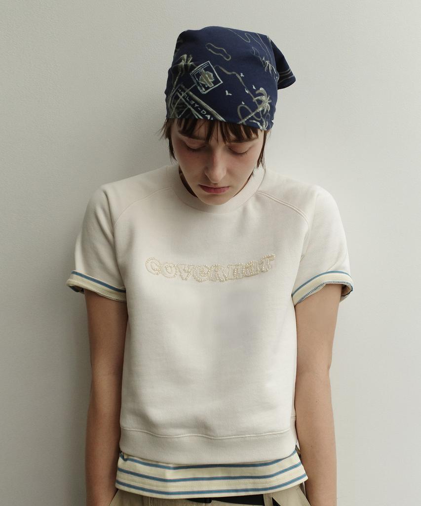 COVERNAT WOMAN Crop Pearl Copper Logo Half Sweatshirt Ivory