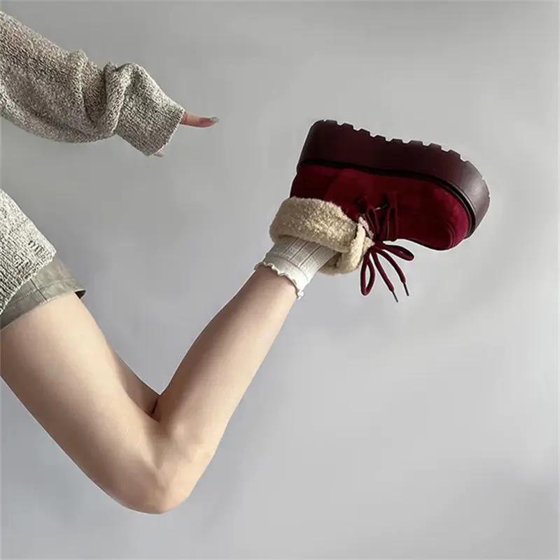 Модные винтажные сноубутсы на толстой подошве женские 2025 зима новые на флисовой подкладке и утепленные теплые хлопковые ботинки для северо-востока