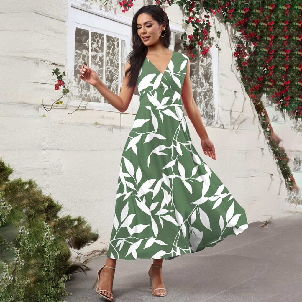 Women's Casual And Fashionable Floral Print V-Neck Sleeveless Dress Sleeveless Dress