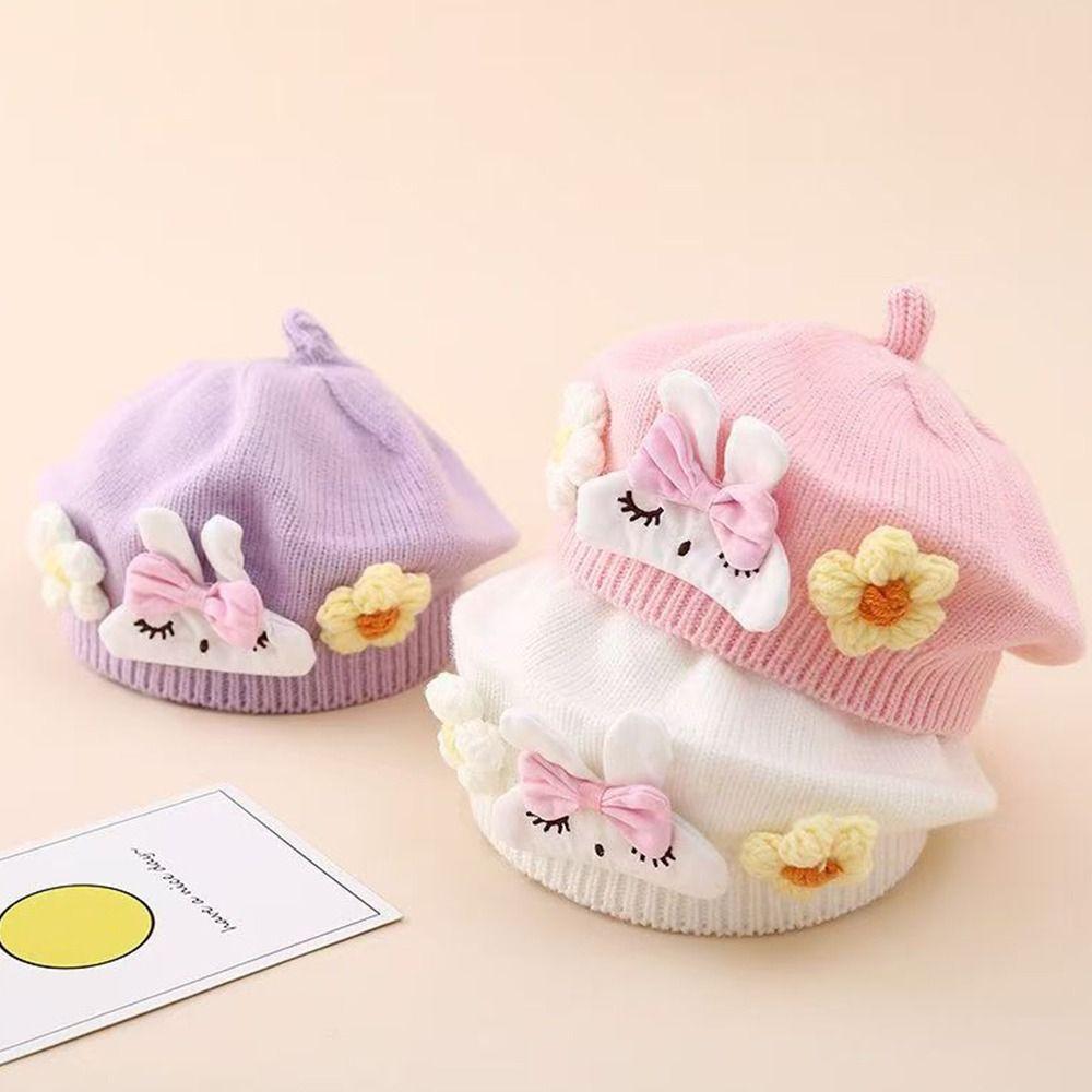 Flower Baby Beret Hat Soft Artist Painter Caps Cute Knitted Hat Infant Girls