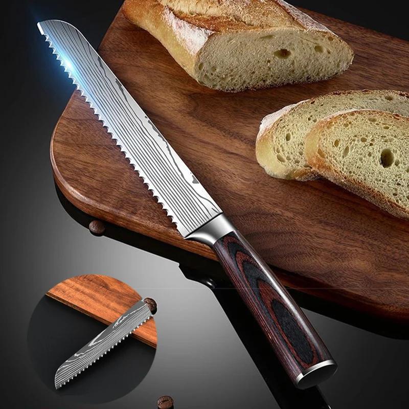 Professional Bread Knife Cheese Toast Knife 8 Inch Damascus Pattern Knives Wood Handle Stainless Steel Slicing Chef Kitchen