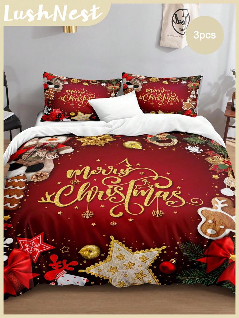 Christmas Bedding Set Red Background Snowflakes Christmas Duvet Cover Set Christmas Gingerbread Man Printed 3 Pieces Christmas