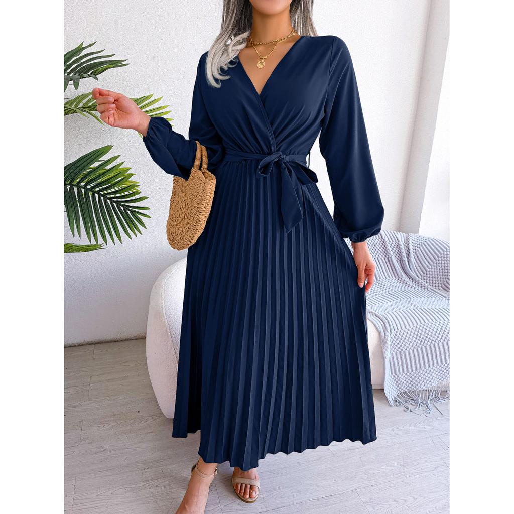 Женское элегантное плиссированное платье макси с V-образным вырезом и длинными рукавами
