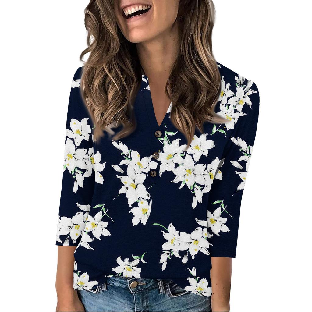 Женская мода повседневный свободный топ с рукавом 3/4 и круглым вырезом