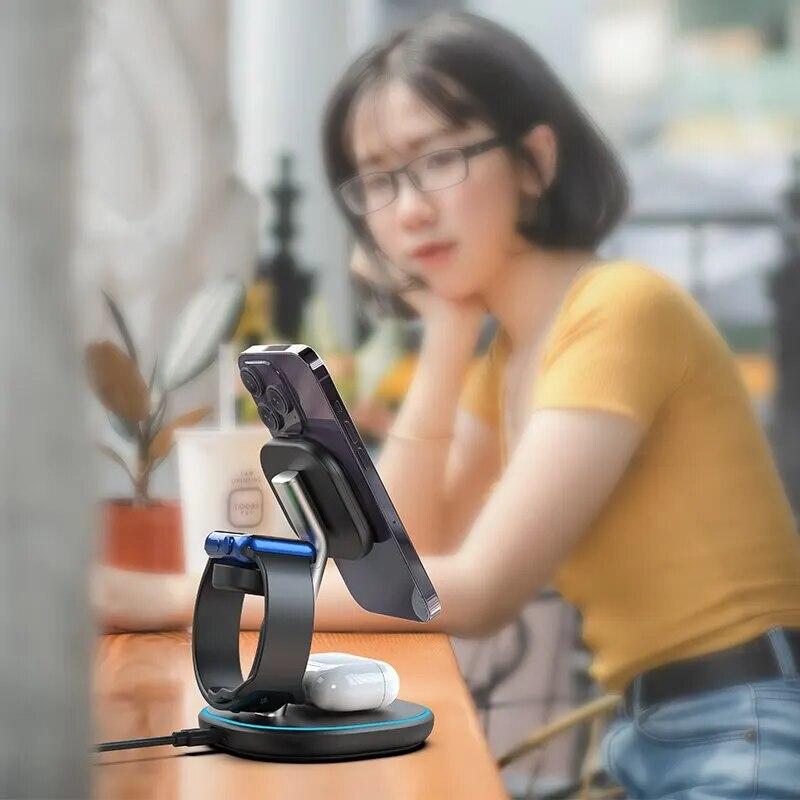 Магнитная подставка для беспроводного зарядного устройства 3 в 1, 15 Вт, док-станция для быстрой зарядки для iPhone 14, 13, 12 Pro Max Mini IWatch 8, 7, 6 Airpods