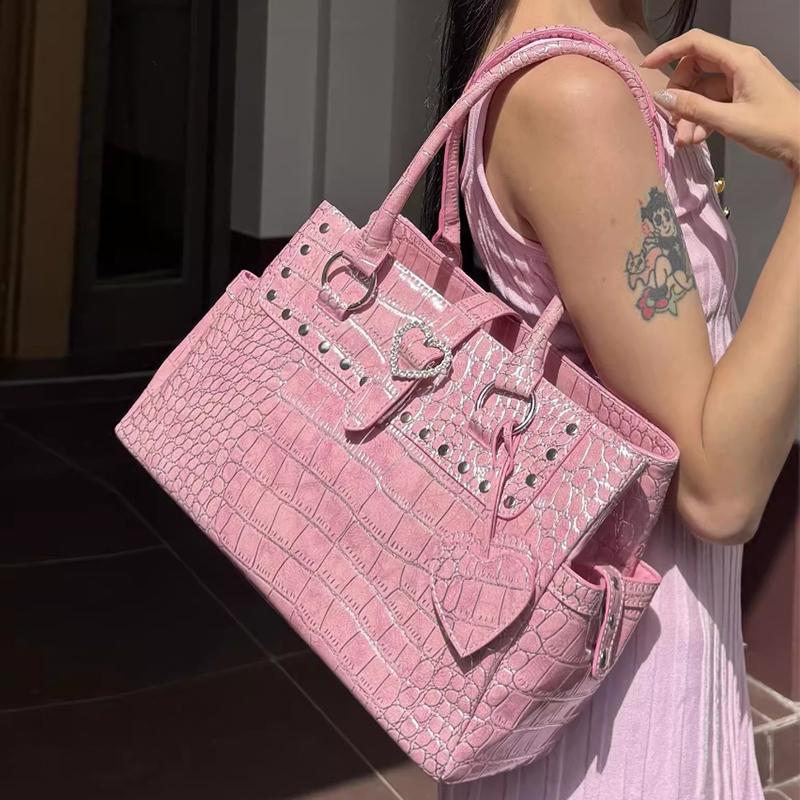 Light Luxury Crocodile-print Handbag For  Girls Pink Heart Pattern Shoulder Bag Trendy High-grade Large Capacity Commuter Bag
