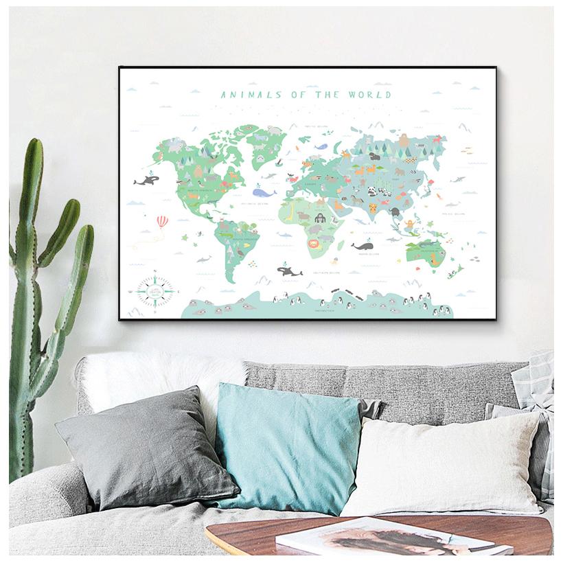 Иллюстрация карты мира с изображением животных, настенная художественная картина, детский сад, печать и живопись, образовательный плакат