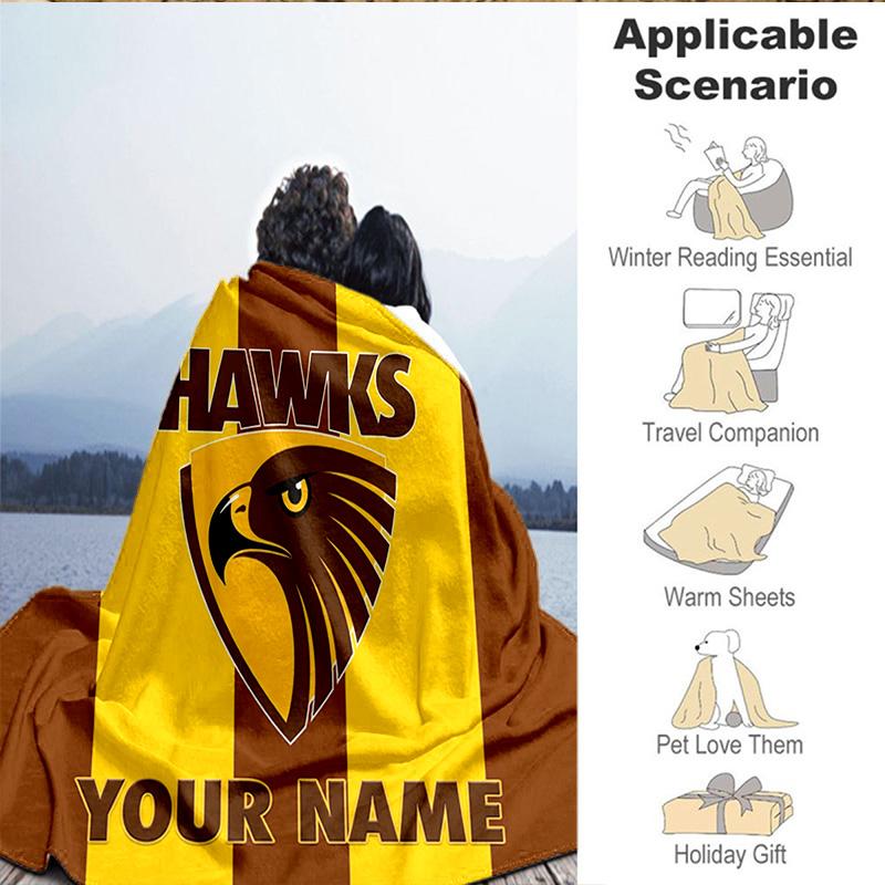 1PC Custom Name Blanket Hawks Team Spirit Flannel blankets Patterns Throw Blanket All-Season Soft Gift for Couch, Bed, Camping, Birthday gifts