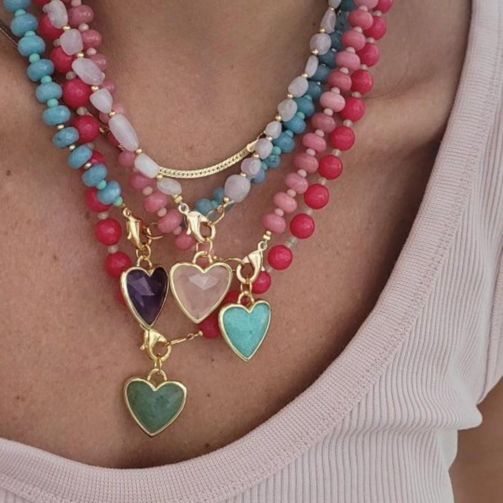 Dopamine Color Heart Pendant Bead Necklace Bohemian Colored Stone Charms Jewelry Statement