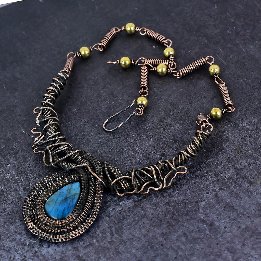 Лабрадорит Драгоценный камень Ручная работа Медная проволока Обертка Ювелирное ожерелье 18" J8L36