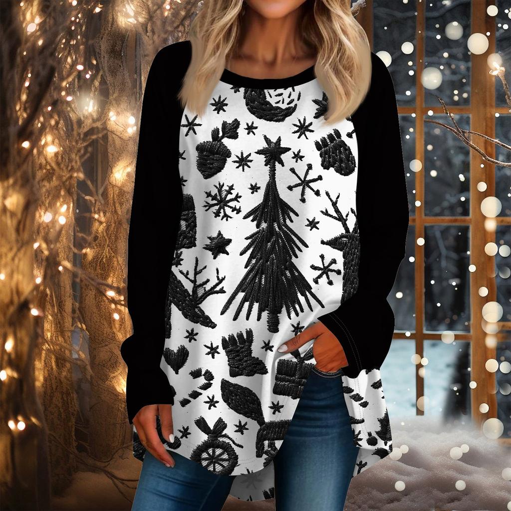 Женская повседневная футболка больших размеров с длинными рукавами и круглым вырезом с рождественским принтом, топ, пуловер